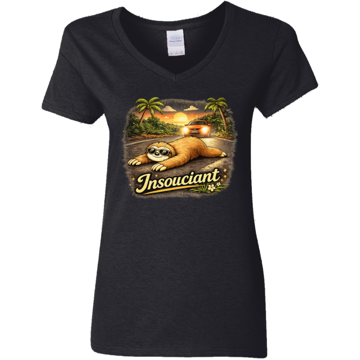 Insouciant_Sloth_V-Neck_T-Shirt_-_Woman_black