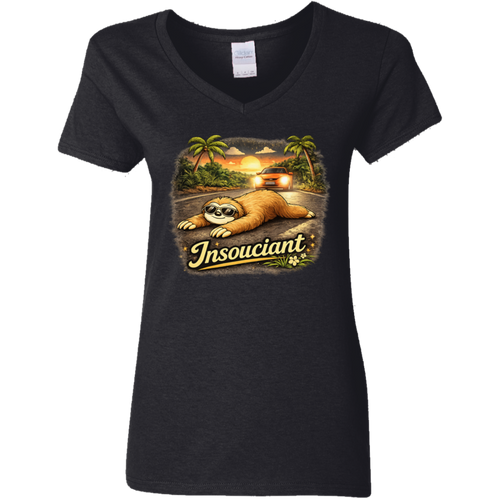 Insouciant_Sloth_V-Neck_T-Shirt_-_Woman_black
